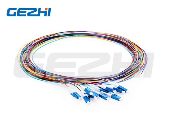 1m (3ft) LC UPC فیبر نوری Pigtail 12 فیبر OS2 حالت تک Unjacketed PVC کد رنگی (OFNR) 0.9mm